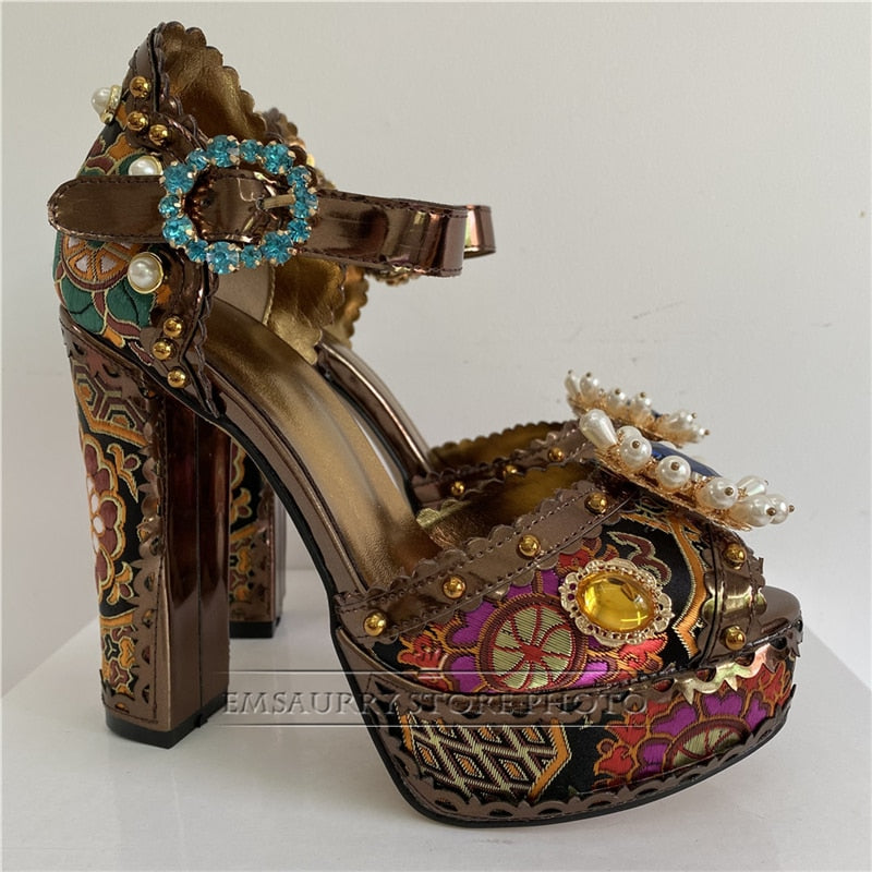 Exotic Embroidery Satin Diamond Flower Summer Sandals