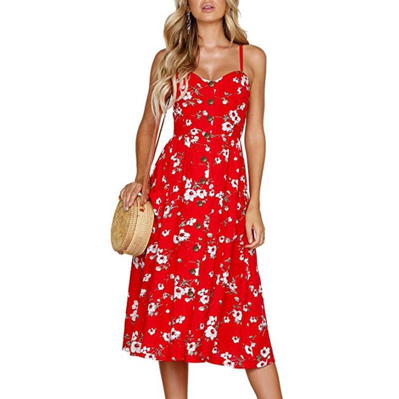 Casual Print Sexy Spaghetti Strap V-Neck Sundress