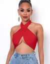 Sleeveless Strappy Cross Over Halter Wrap Crop Top