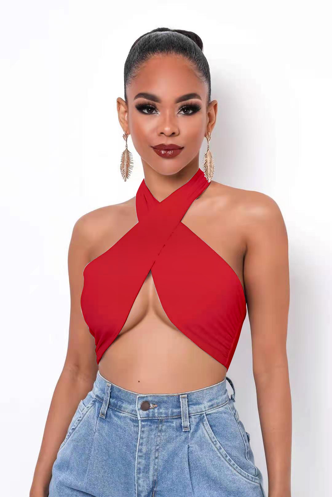 Sleeveless Strappy Cross Over Halter Wrap Crop Top