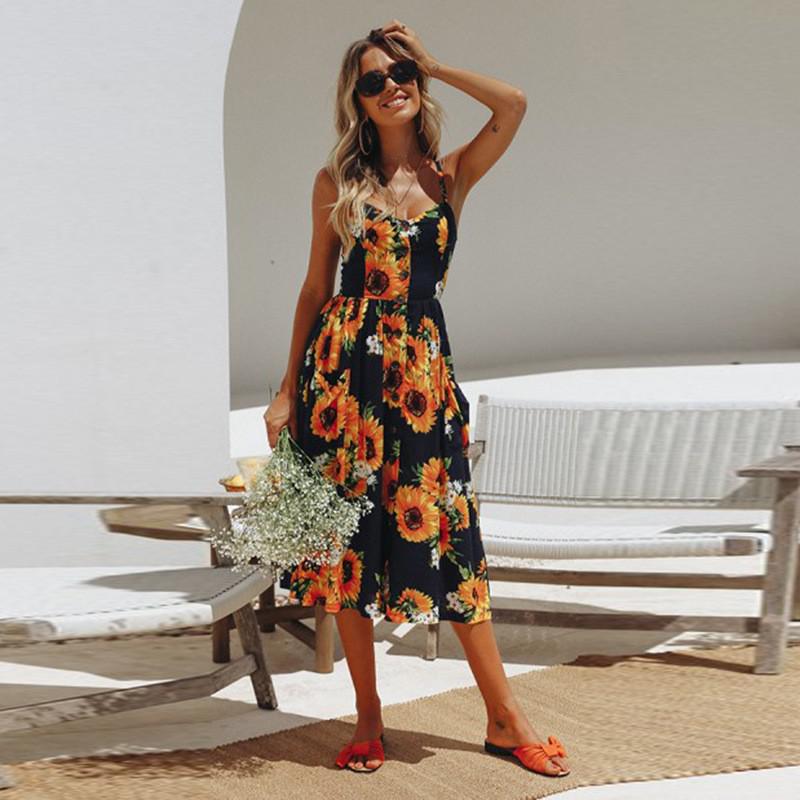 Casual Print Sexy Spaghetti Strap V-Neck Sundress