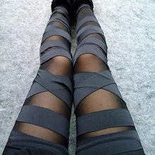 Load image into Gallery viewer, Sexy See-Through Stripe Cross Tie Up Nine Point Bandage Leggings
