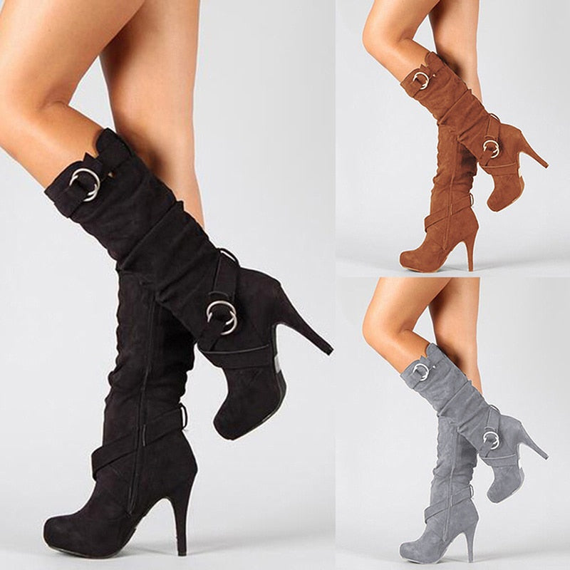 Knee High High Heel Round Toe Boots