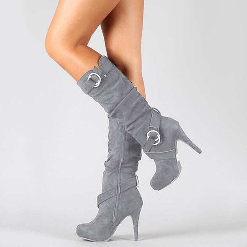 Knee High High Heel Round Toe Boots