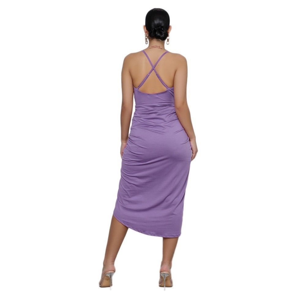 2021 Summer New Casual Purple Chiffon Lace Up Backless Bohemia Split Maxi Sun Dress for Women Pleated Sling Casual Women's Dress