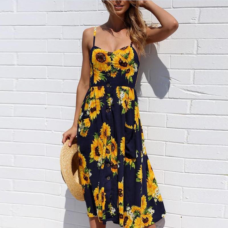 Casual Print Sexy Spaghetti Strap V-Neck Sundress