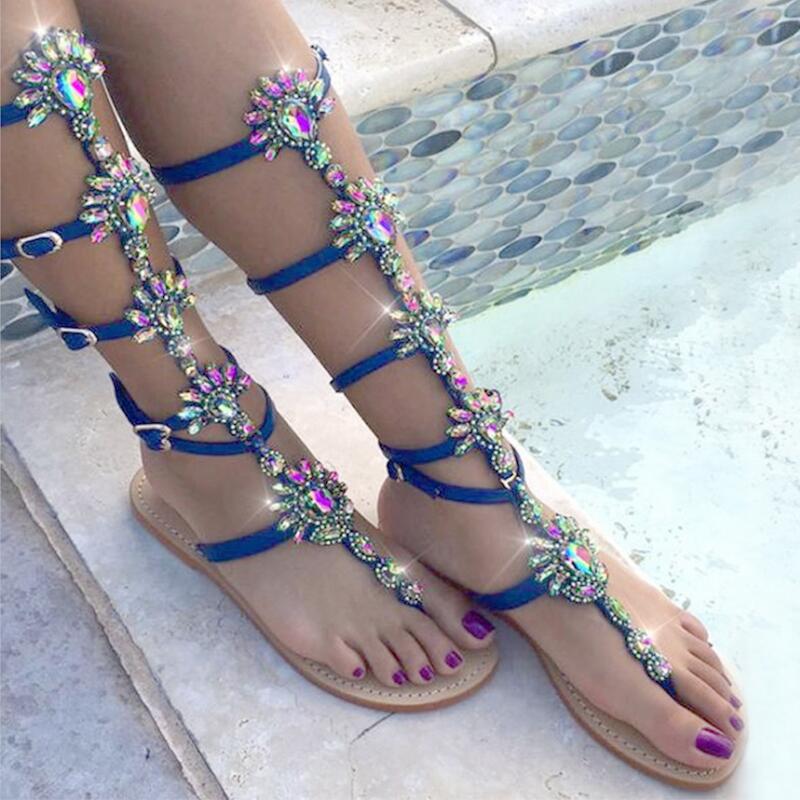 Gladiator Rhinestone High Buckle Strap Flat Sandals