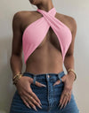 Sleeveless Strappy Cross Over Halter Wrap Crop Top