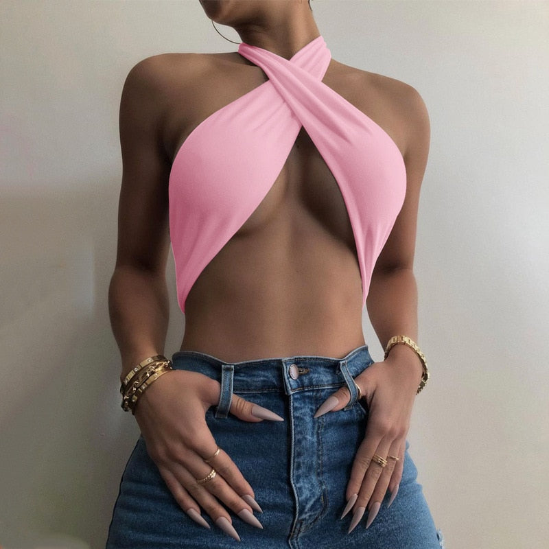 Sleeveless Strappy Cross Over Halter Wrap Crop Top