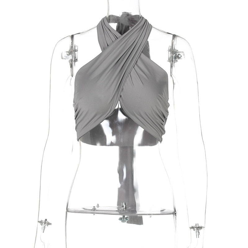 Sleeveless Strappy Cross Over Halter Wrap Crop Top