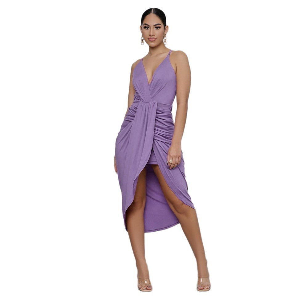 2021 Summer New Casual Purple Chiffon Lace Up Backless Bohemia Split Maxi Sun Dress for Women Pleated Sling Casual Women's Dress