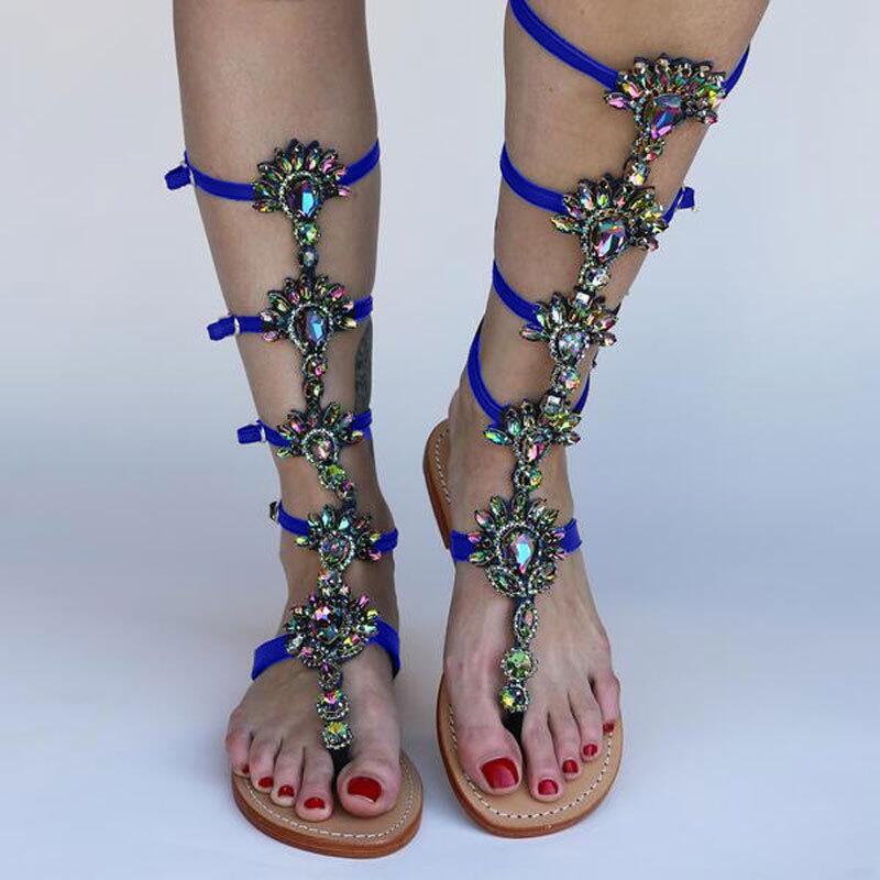 Gladiator Rhinestone High Buckle Strap Flat Sandals