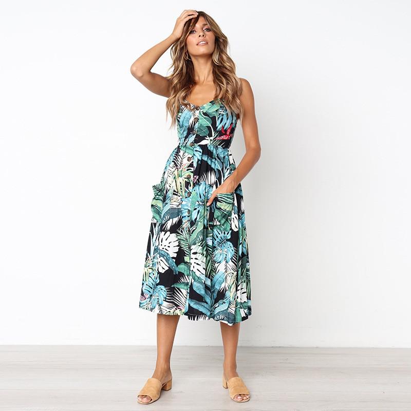 Casual Print Sexy Spaghetti Strap V-Neck Sundress