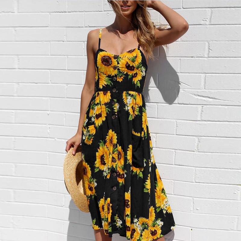 Casual Print Sexy Spaghetti Strap V-Neck Sundress