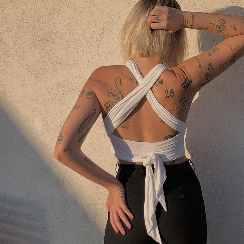 Sleeveless Strappy Cross Over Halter Wrap Crop Top