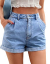Rolled Hem Denim High Waist Straight Jean Shorts