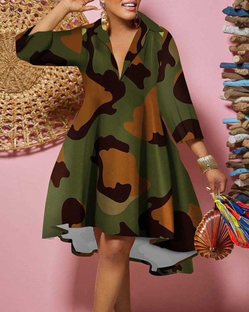 Fashion Print Loose Camouflage Irregular Dress
