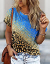 O Neck Leopard Print Short Sleeve Pullover T Shirt