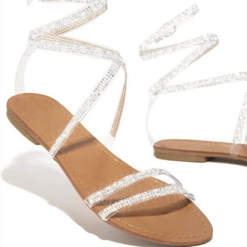 Cross Tied Crystal Flat Sandals