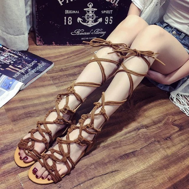 Bandage Knee High Flat Sandals