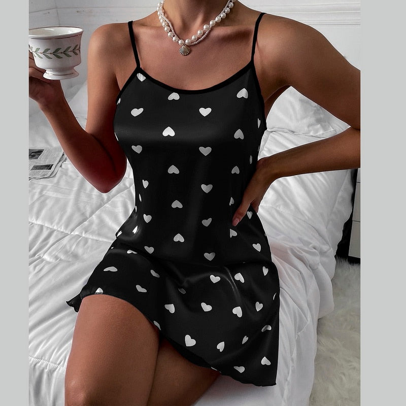 Satin Heart Print Chemise Short Nightdress