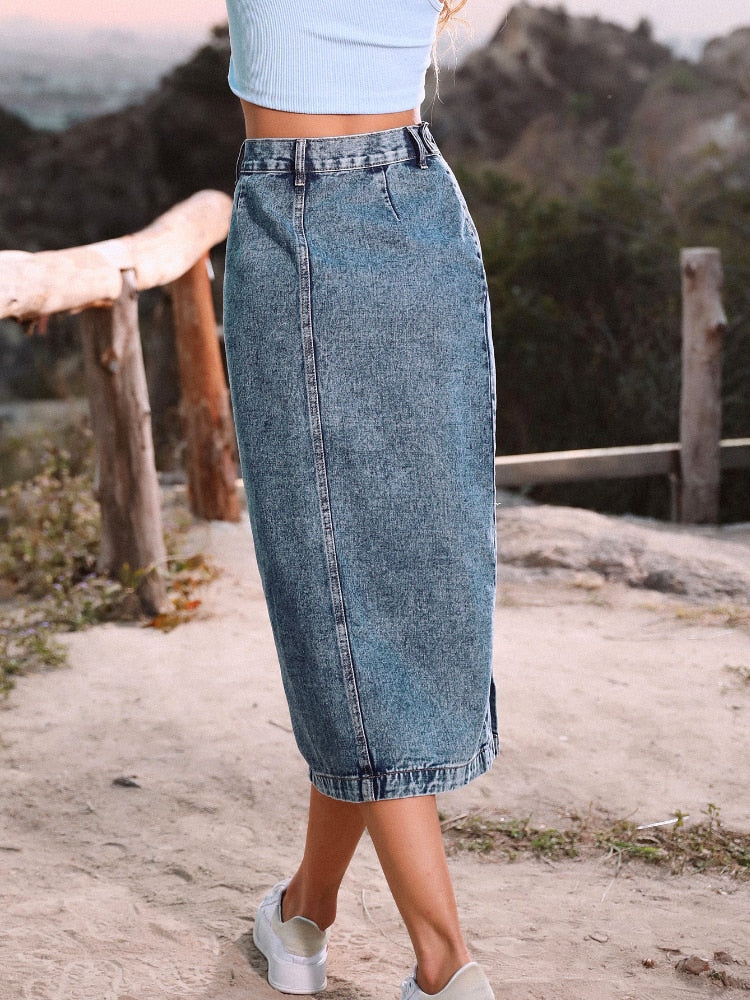 Women's Button A-line Side Split High Waist Denim Skirt