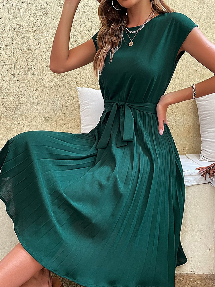 Elegant Casual O Neck Pleated Midi Sundress