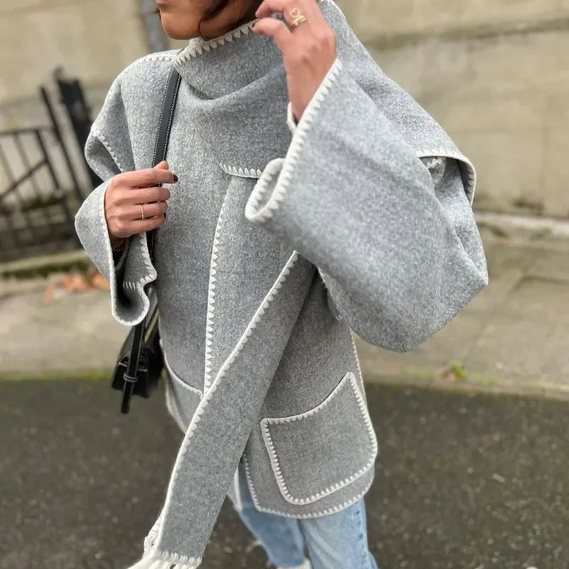 Single Breasted Elegant Women's Coat With Scarf