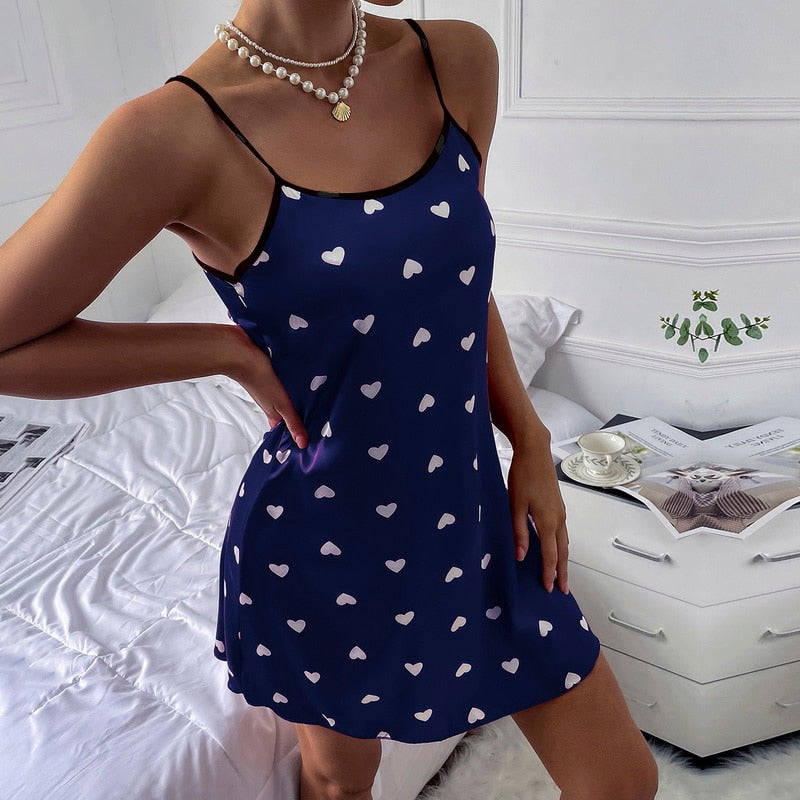 Satin Heart Print Chemise Short Nightdress
