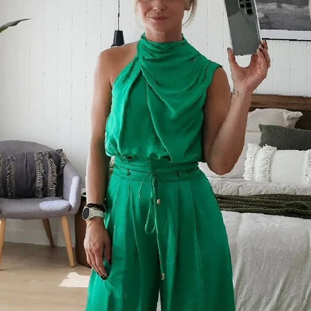 Sleeveless Two Piece Pleated Texture Pants Set