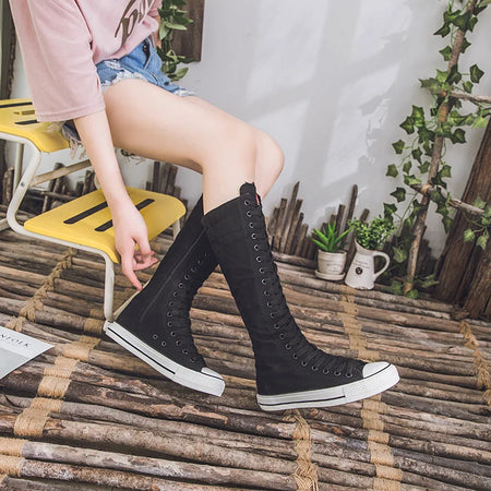 New Spring Canvas High Top Long Boots Lace-Up Sneakers