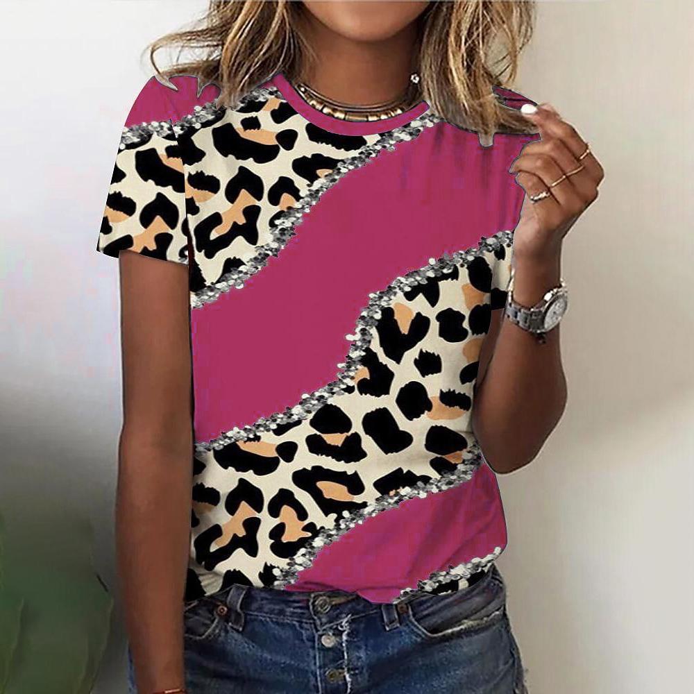 O Neck Leopard Print Short Sleeve Pullover T Shirt