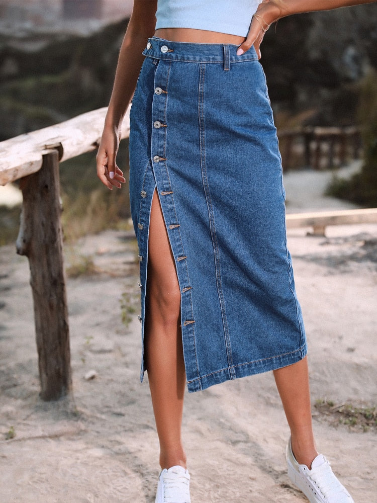 Women's Button A-line Side Split High Waist Denim Skirt