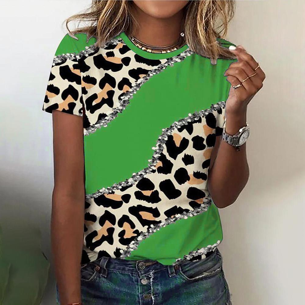 O Neck Leopard Print Short Sleeve Pullover T Shirt