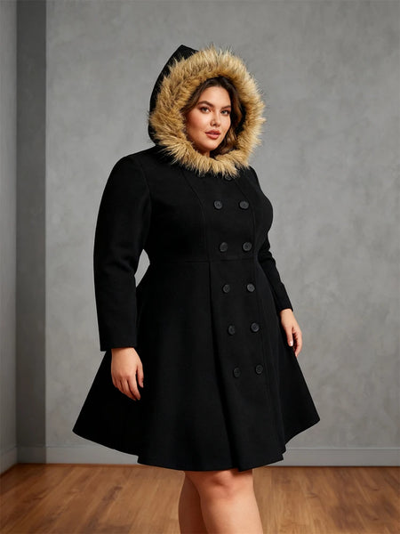 Plus Size Tweed Trench Hooded Coat