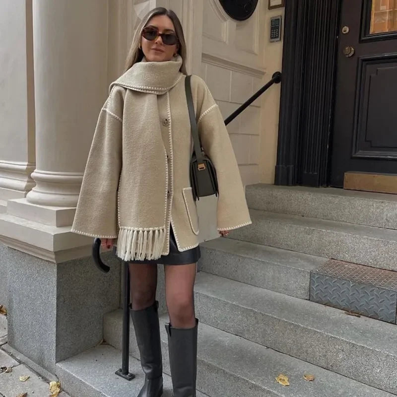 Single Breasted Elegant Women's Coat With Scarf