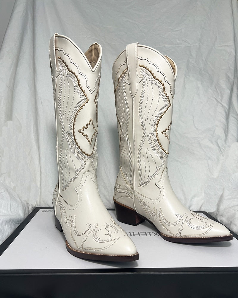 White Western Cowboy/Cowgirl Chunky Heel Pointed Boots
