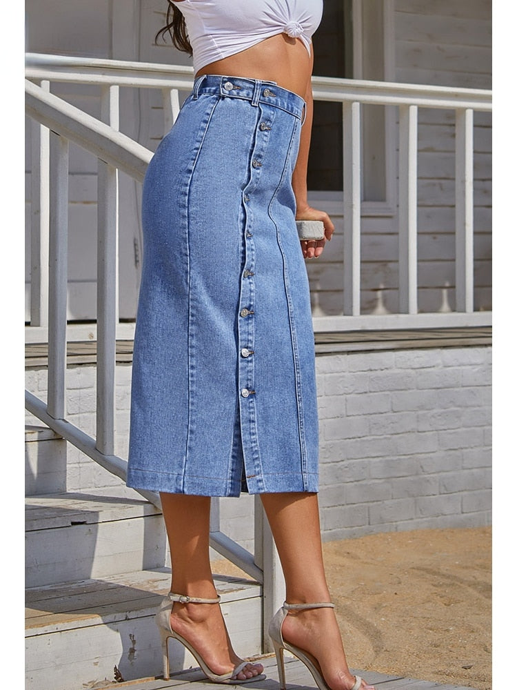 Women's Button A-line Side Split High Waist Denim Skirt