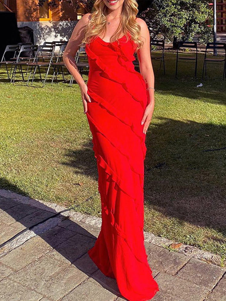 Elegant Deep V Neck Maxi Dress With Sexy Ruffles