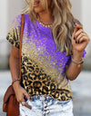 O Neck Leopard Print Short Sleeve Pullover T Shirt