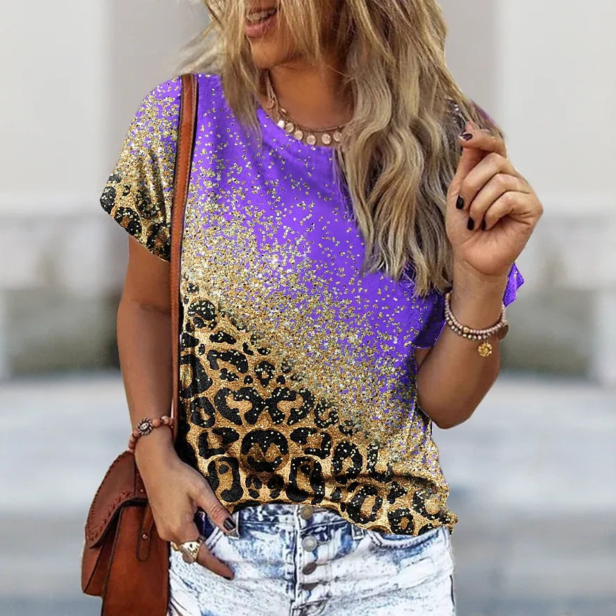 O Neck Leopard Print Short Sleeve Pullover T Shirt