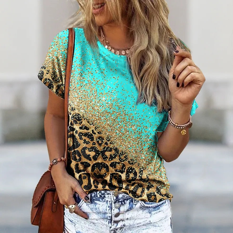 O Neck Leopard Print Short Sleeve Pullover T Shirt