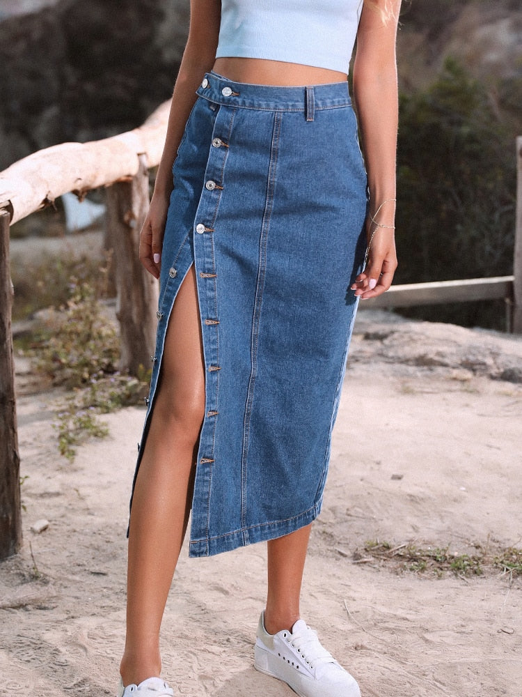 Women's Button A-line Side Split High Waist Denim Skirt