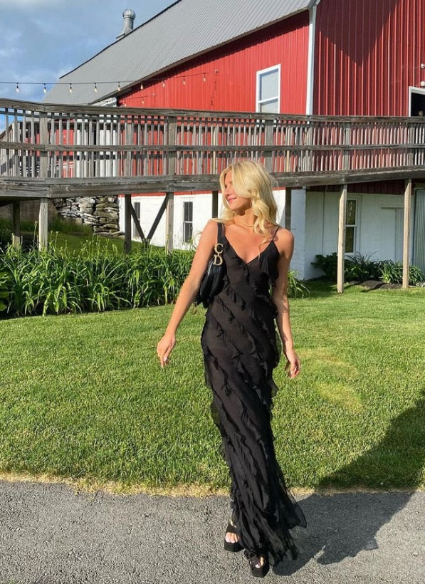 Elegant Deep V Neck Maxi Dress With Sexy Ruffles