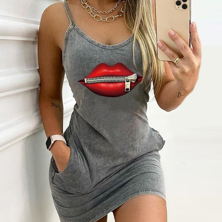 Sleeveless Letter Print Mini Dress With Pocket