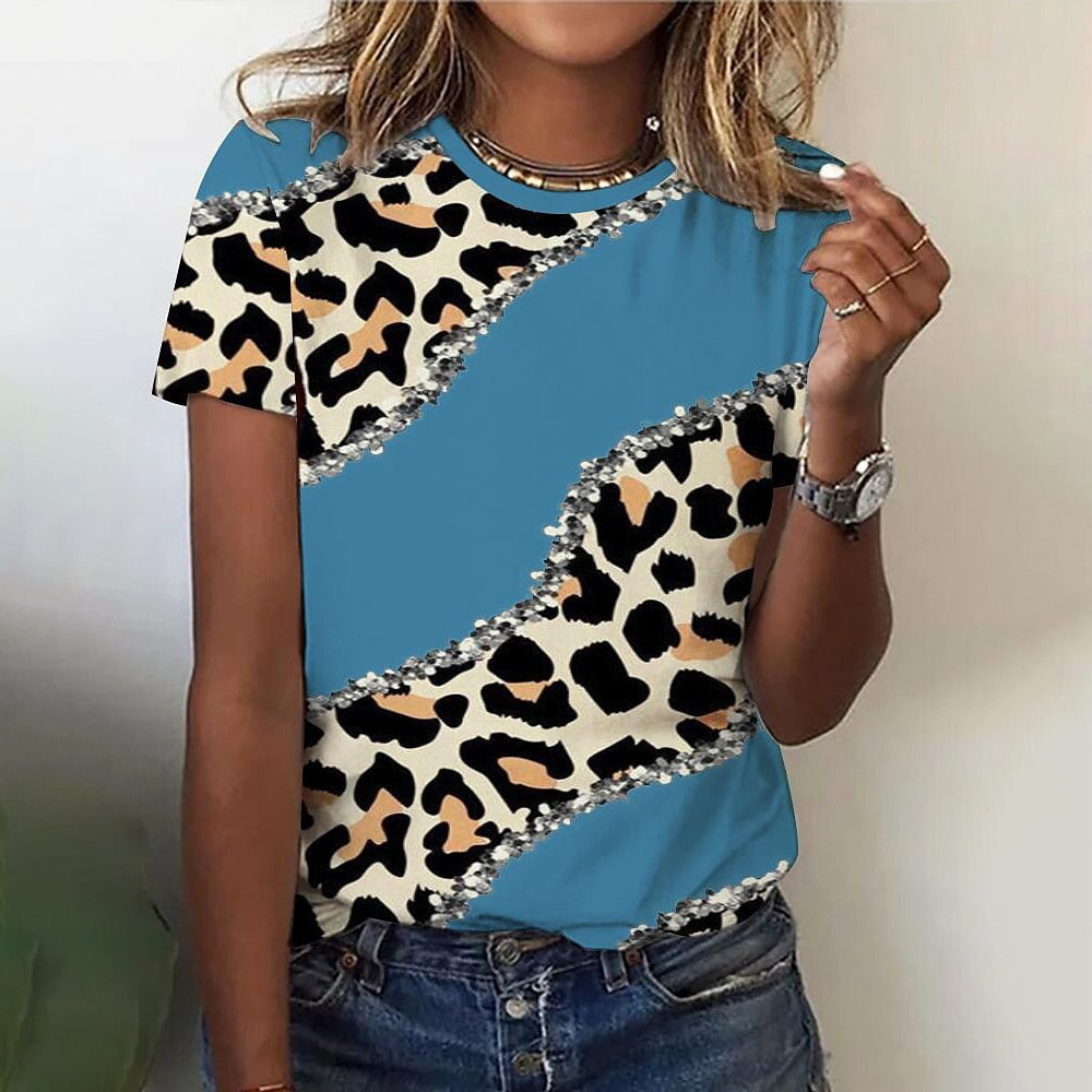 O Neck Leopard Print Short Sleeve Pullover T Shirt
