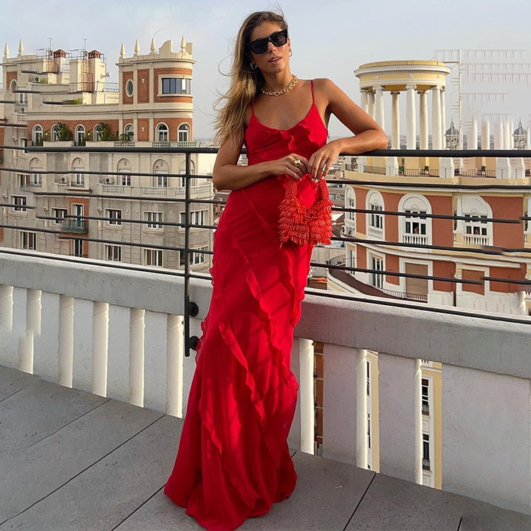 Elegant Deep V Neck Maxi Dress With Sexy Ruffles