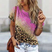 将图片加载到图库查看器，O Neck Leopard Print Short Sleeve Pullover T Shirt
