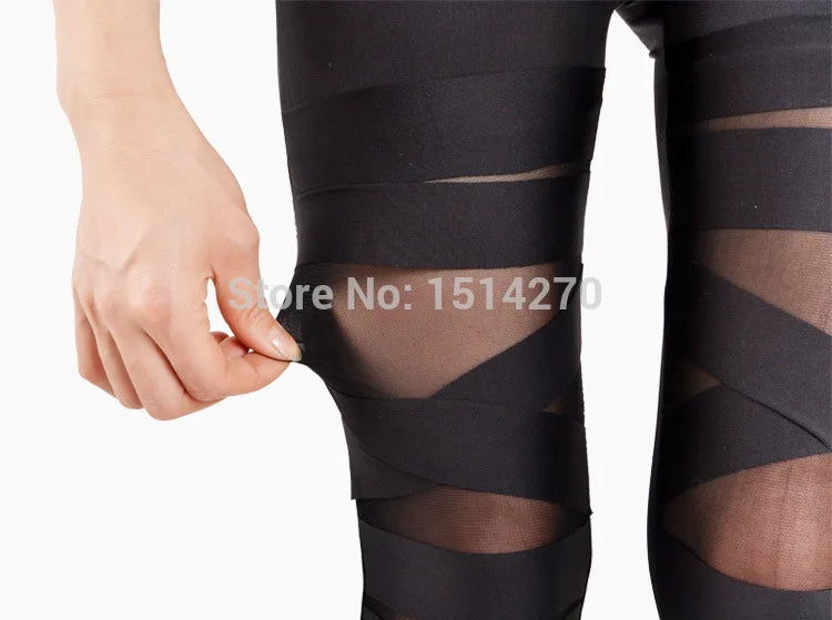 Sexy See-Through Stripe Cross Tie Up Nine Point Bandage Leggings