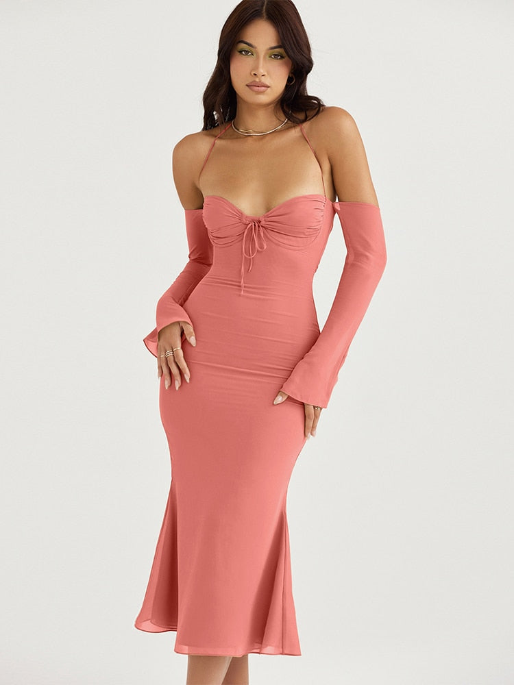 Chiffon Lace Up Halter Backless Mid-Calf Dress